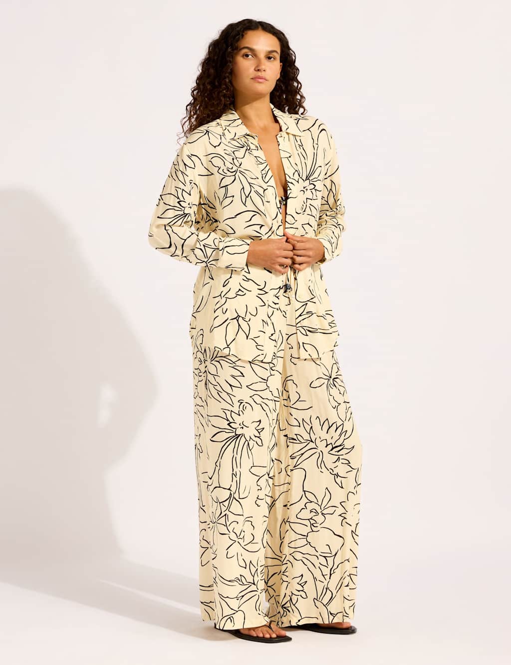 Seafolly Women's Hothouse Flowers Floral Drawstring Wide Leg Trousers - Large - Ecru Mix - Available at M&S