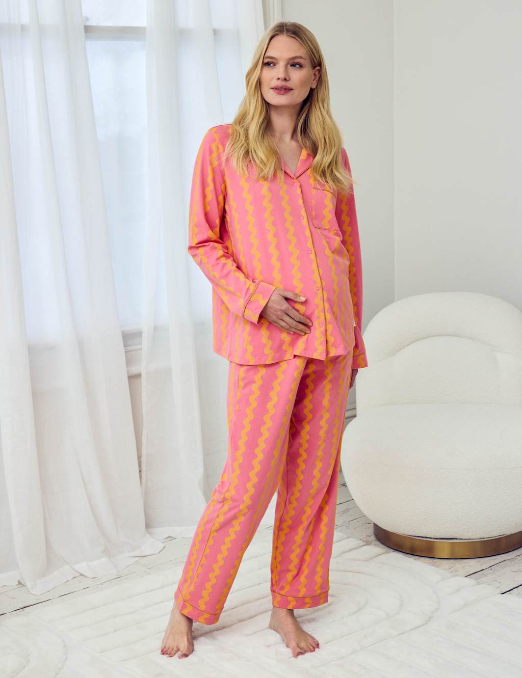Chelsea Peers Women's Maternity Cotton Rich Wavy Striped Pyjama Set - 18 - Yellow - Available at M&S