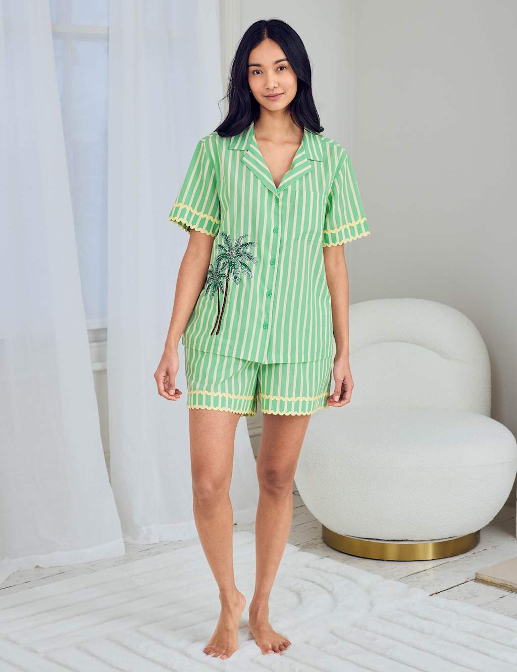 Chelsea Peers Women's Pure Cotton Poplin Embroidered Tropical Pal Tree Pyjama Set - 24 - Green - Available at M&S