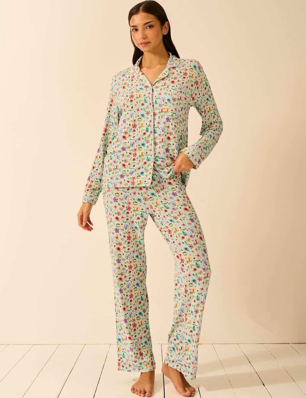 Stripe & Stare Women's Modal Rich Floral Revere Pyjama Set - Medium - Blue Mix - Available at M&S