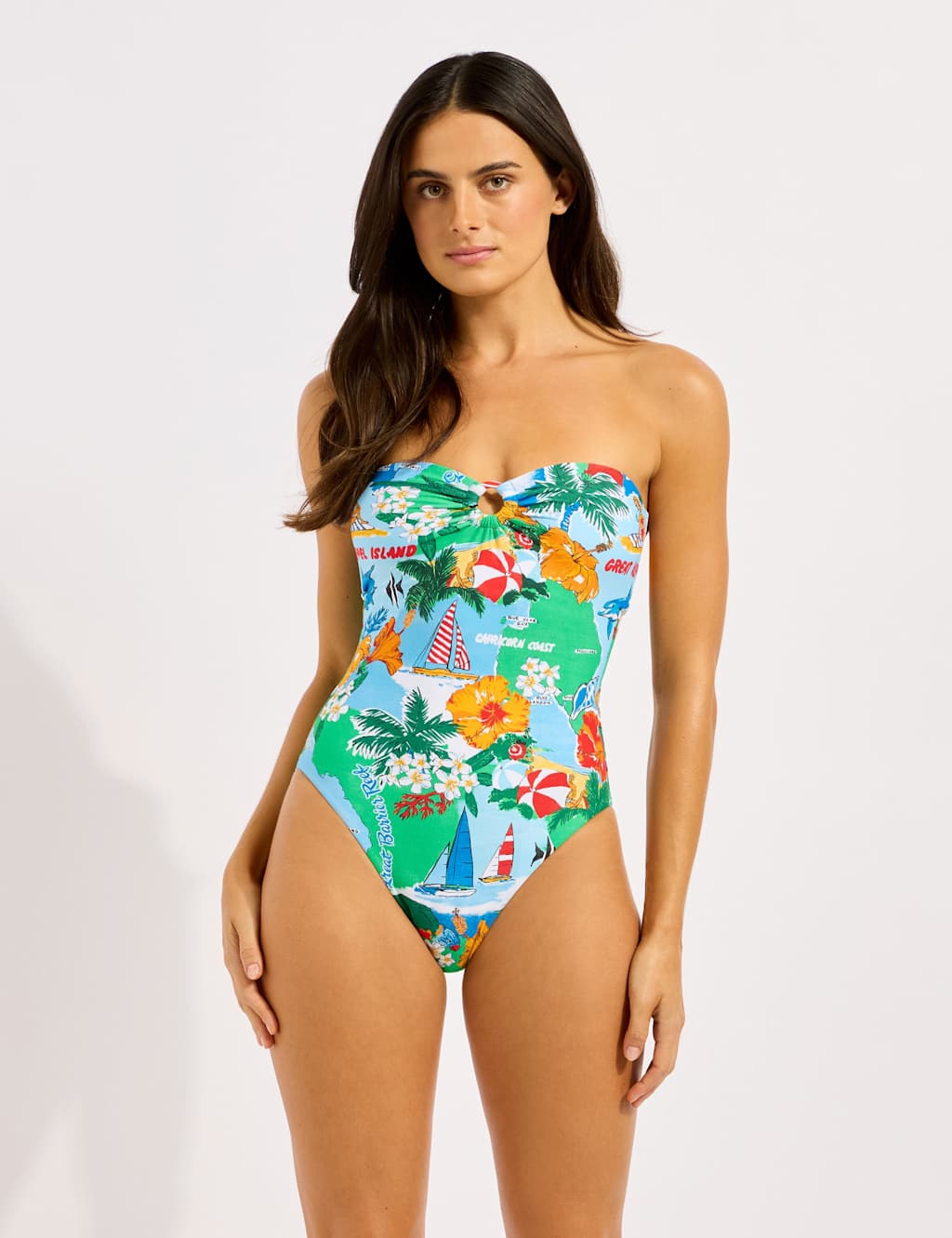 Seafolly Women's Viva Vacation Ring Detail Padded Non-Wired Bandeau Swimsuit - 14 - Blue Mix - Available at M&S