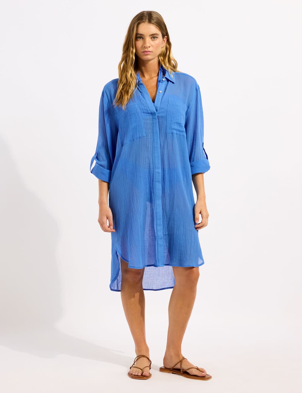 Seafolly Women's Pure Cotton Textured Beach Cover Up Shirt - Large - Medium Blue - Available at M&S