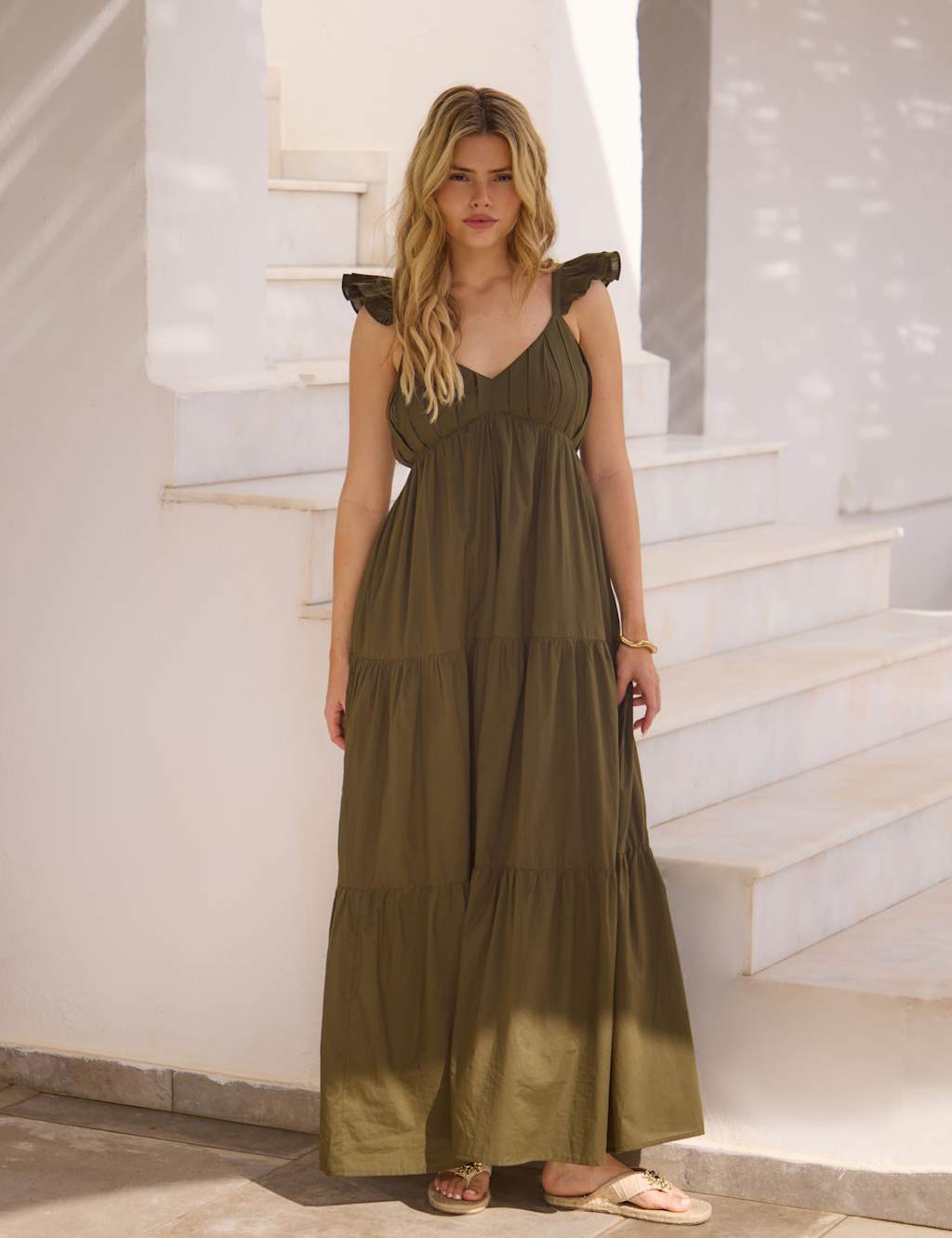 South Beach Women's Pure Cotton Frill Sleeve Maxi Tiered Beach Dress - 8 - Khaki - Available at M&S