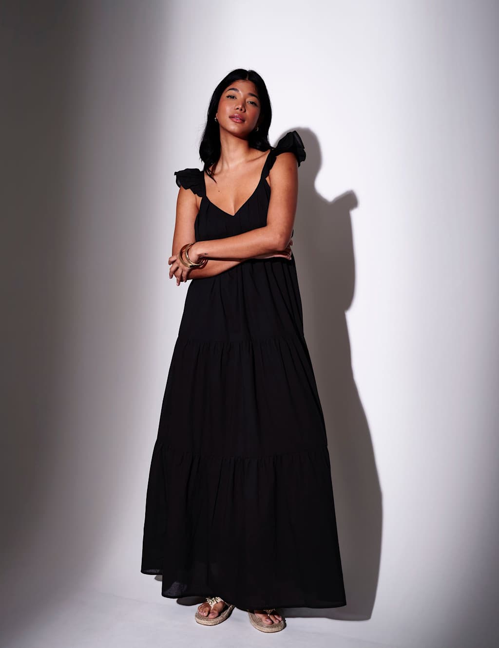 South Beach Women's Pure Cotton Frill Sleeve Maxi Tiered Beach Dress - 10 - Black - Available at M&S