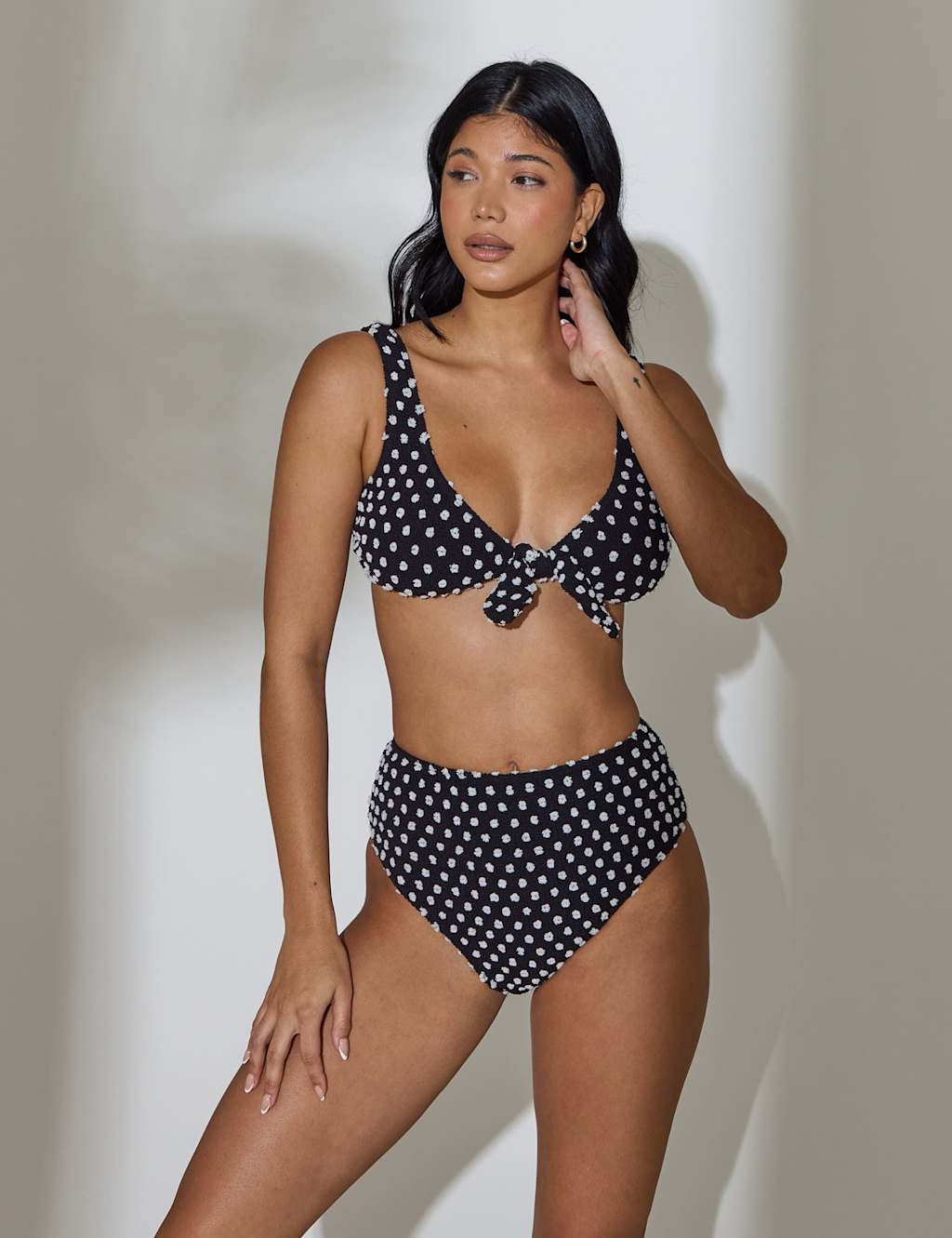 South Beach Women's Textured Polka Dot High Waisted Bikini Bottoms - 16 - Black - Available at M&S
