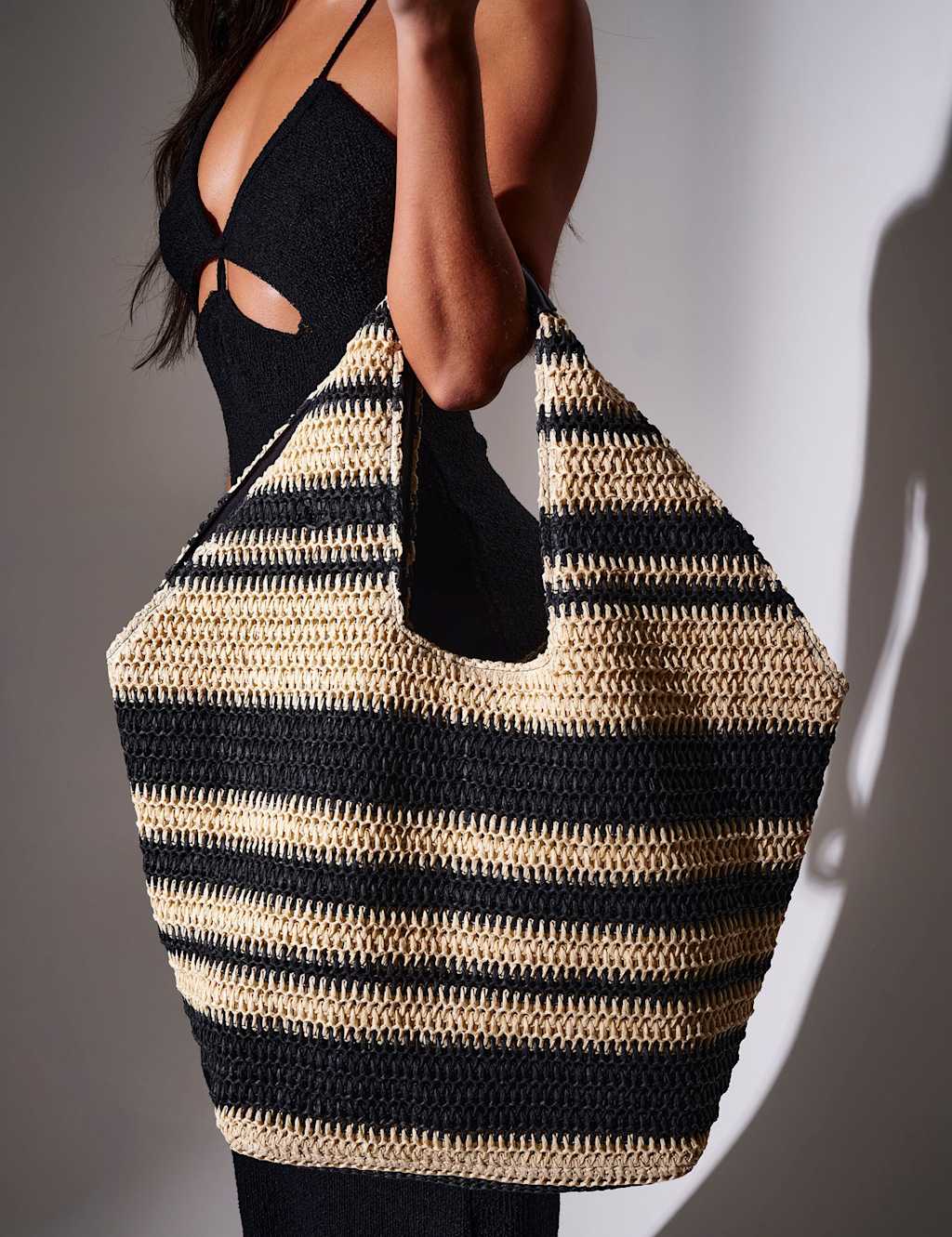 South Beach Women's Straw Woven Striped Tote Bag - White/Black - Available at M&S