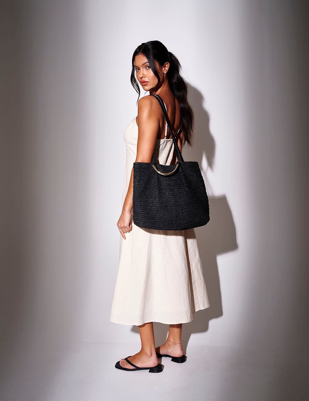 South Beach Women's Straw Woven Shoulder Bag - Black - Available at M&S