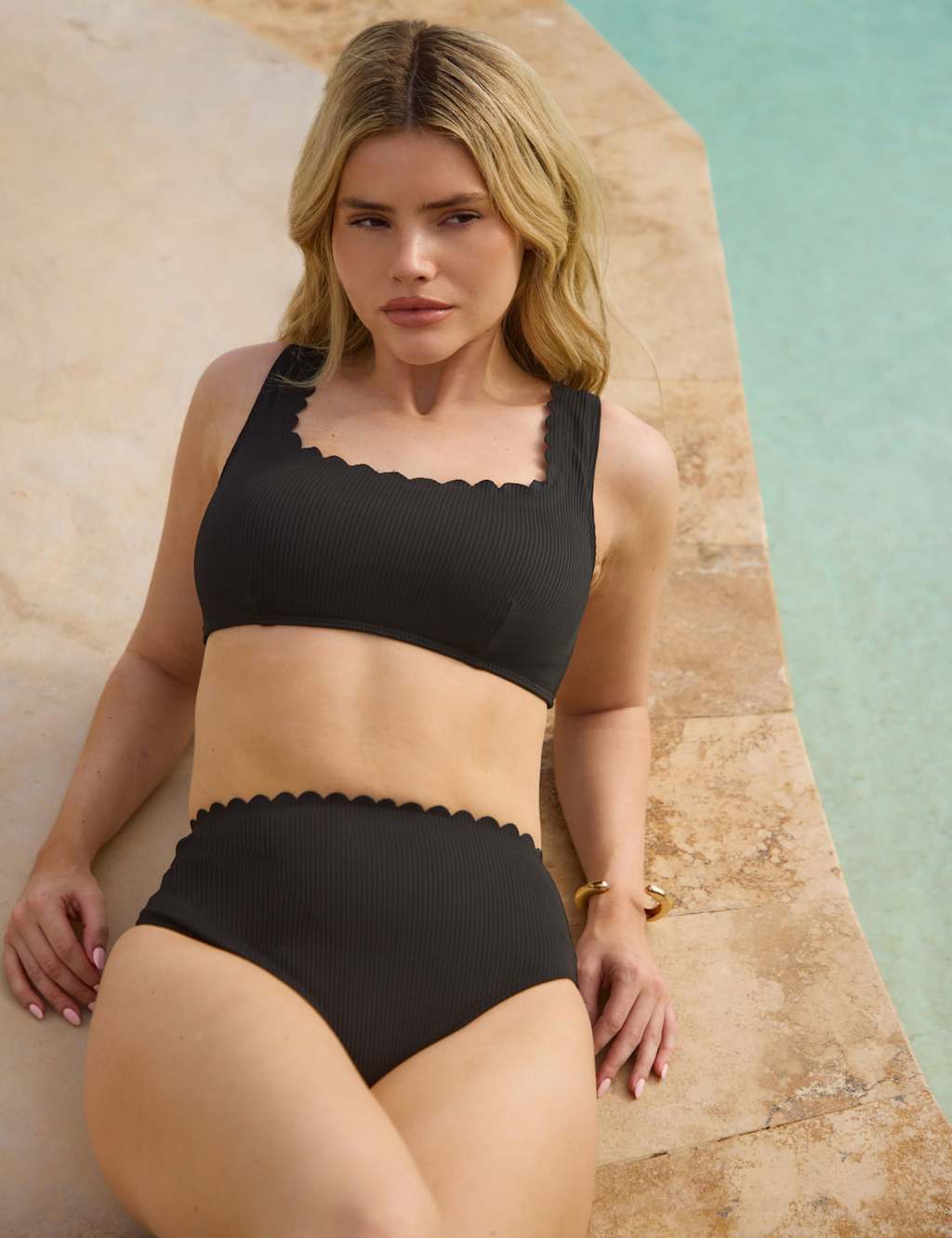 South Beach Women's Padded Scallop Square Neck Bikini Top - 8 - Black - Available at M&S