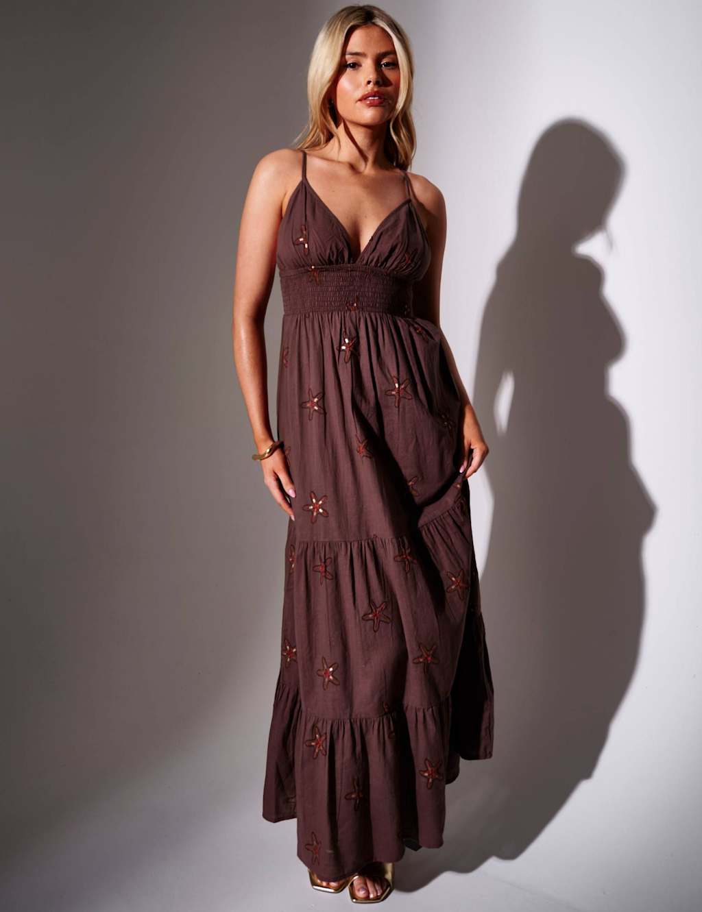 South Beach Women's Pure Cotton Embroidered V-Neck Maxi Dress - 8 - Brown - Available at M&S