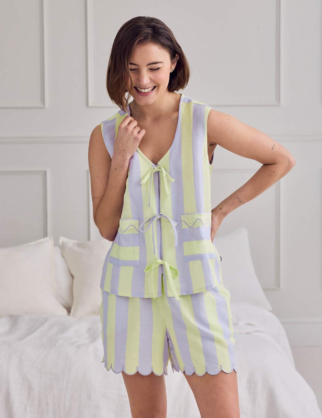 Chelsea Peers Women's Linen Rich Striped Tie Front Shortie Set - 16 - Lilac - Available at M&S