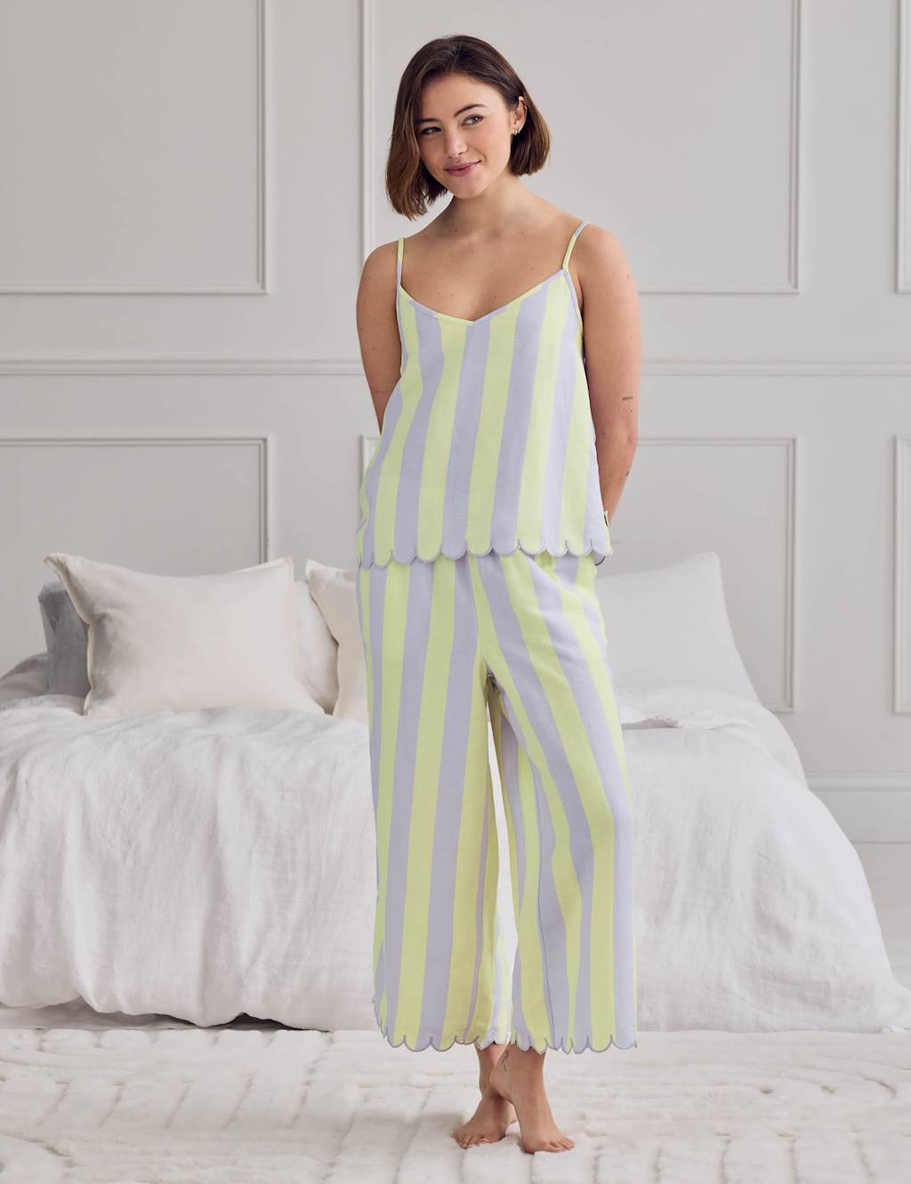 Chelsea Peers Women's Linen Rich Striped Cropped Pyjama Set - 8 - Lilac - Available at M&S