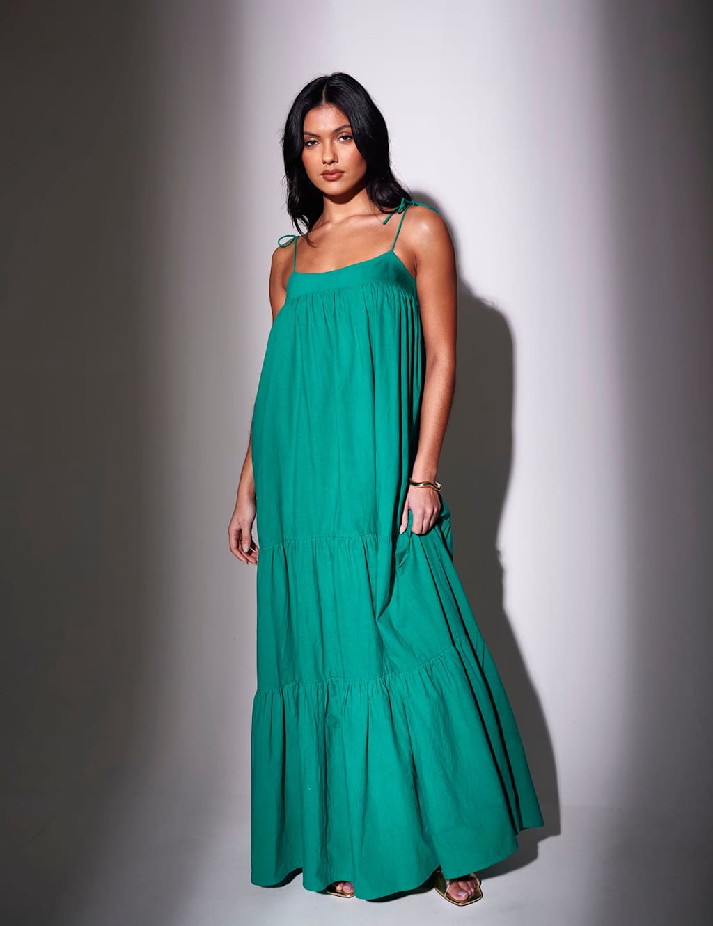 South Beach Women's Pure Cotton Square Neck Maxi Tiered Dress - 12 - Green - Available at M&S