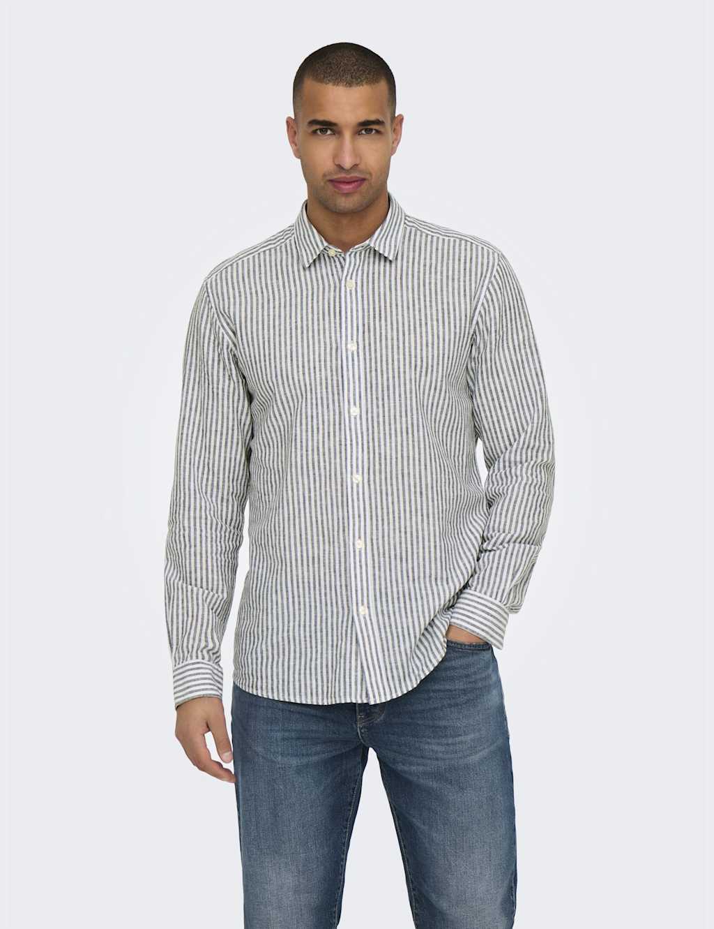 ONLY & SONS Cotton Linen Blend Striped Shirt Navy Mix
