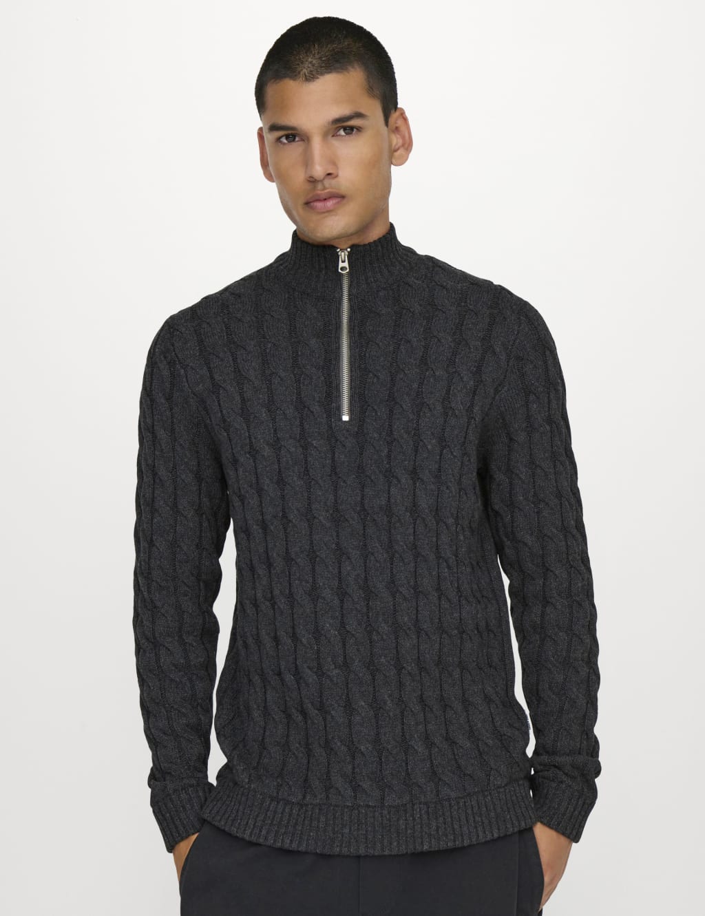 ONLY & SONS Cotton Rich Cable Knit Funnel Neck Knitted Top Grey