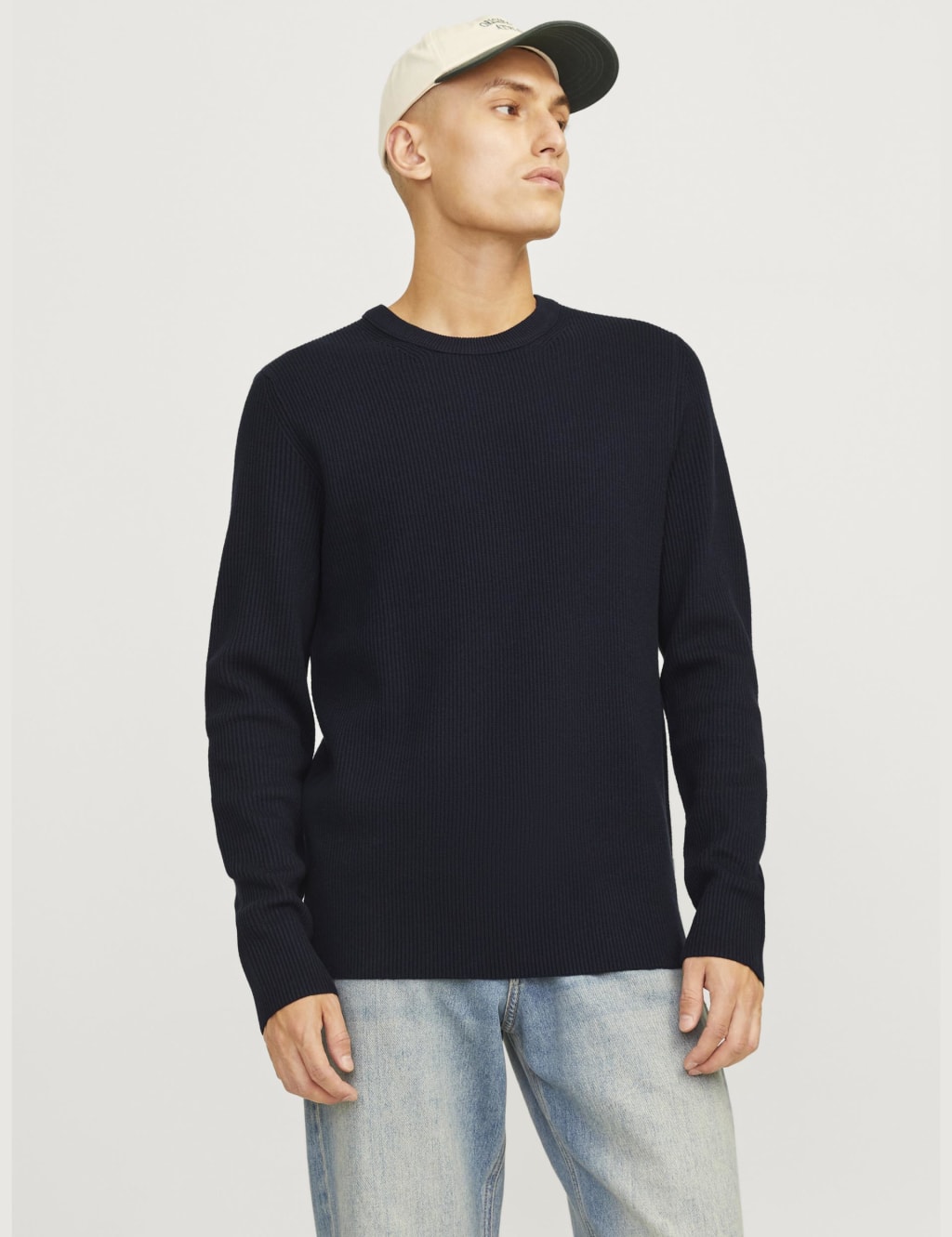Cotton Blend RibbedCrew Neck Jumper