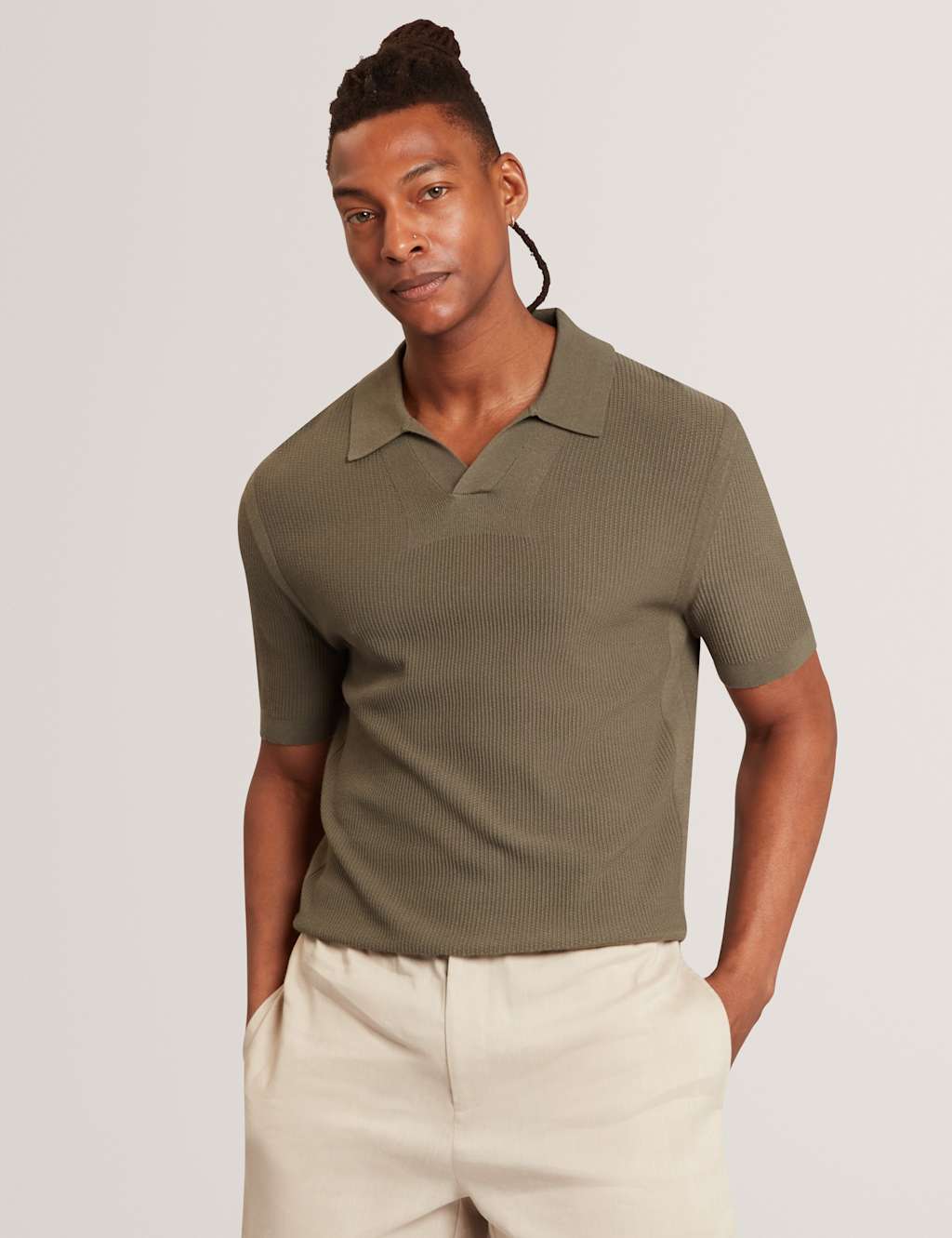 Ted Baker Men's Textured Open Neck Knitted Polo Shirt - XL - Khaki - Available at M&S