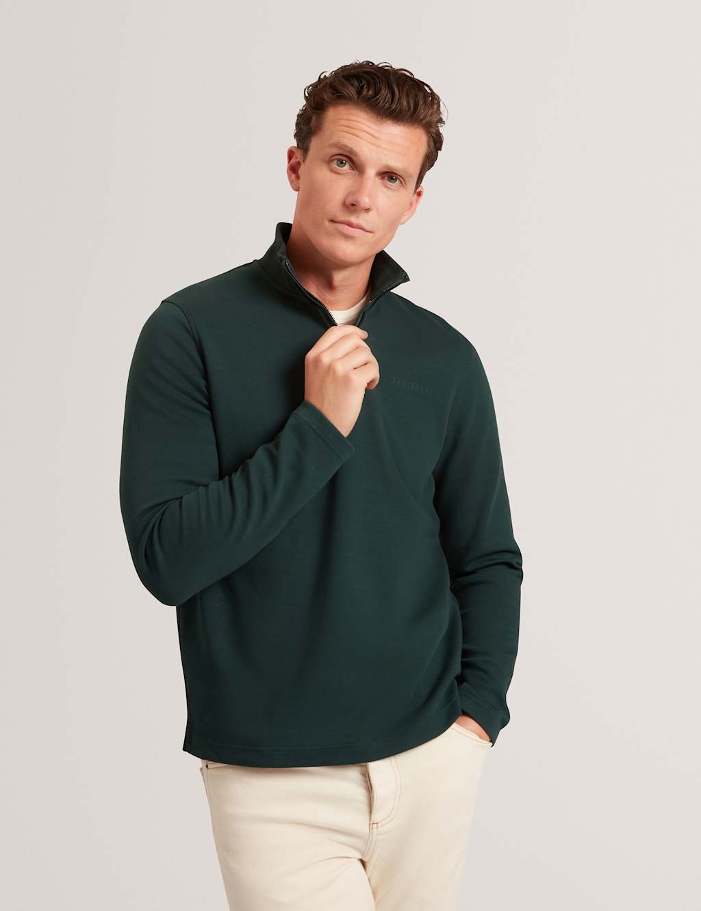 Ted Baker Cotton Rich Honeycomb Trim Half Zip Sweatshirt Dark Green