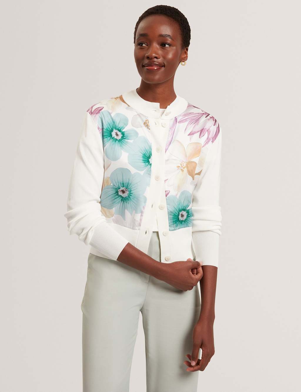 Ted Baker Floral Crew Neck Cardigan Ivory