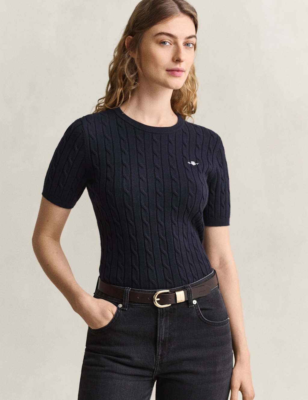 Gant Women's Cotton Rich Cable Crew Neck Knitted T-Shirt - Medium - Navy - Available at M&S