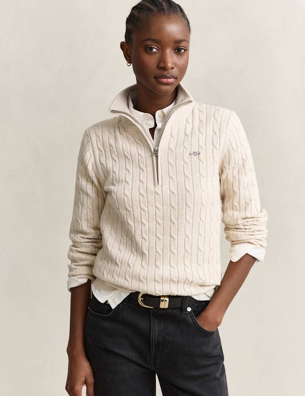 Gant Women's Cotton Rich Cable Knit Half Zip Jumper - Small - Stone - Available at M&S