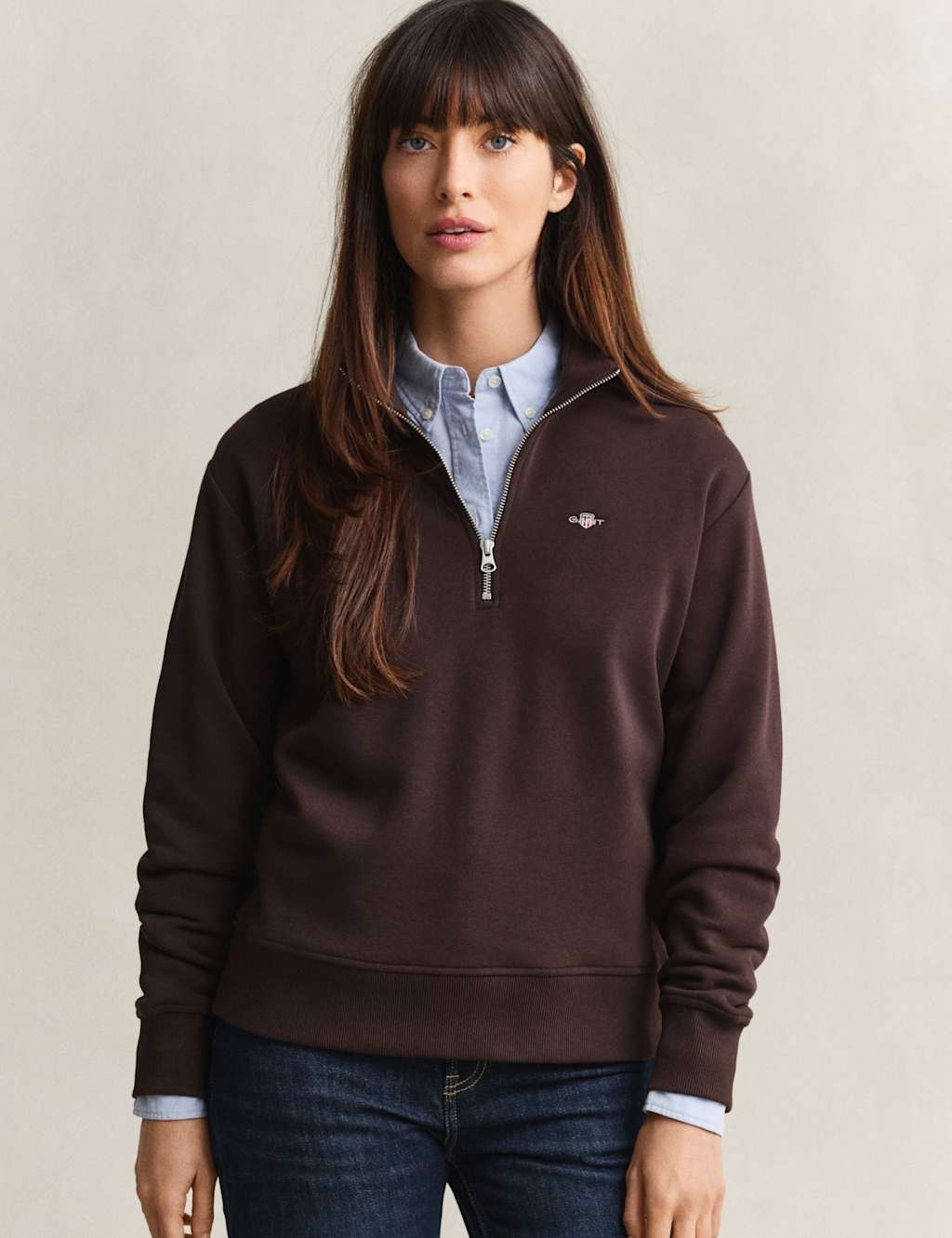 Gant Women's Cotton Rich Half Zip Sweatshirt - Medium - Brown - Available at M&S