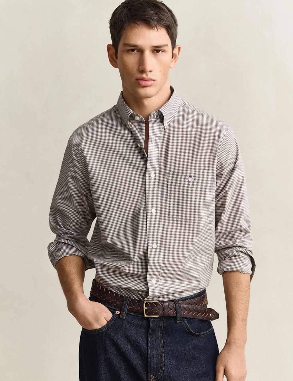 Gant Men's Pure Cotton Poplin Gingham Oxford Shirt - XL - Taupe - Available at M&S