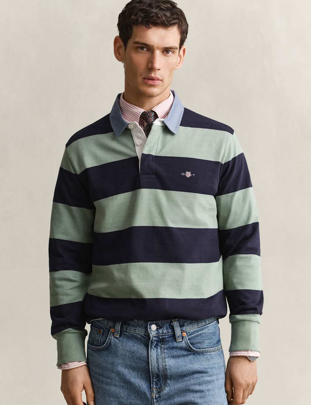 Gant Men's Pure Cotton Chambray Striped Rugby Shirt - XL - Green Mix - Available at M&S
