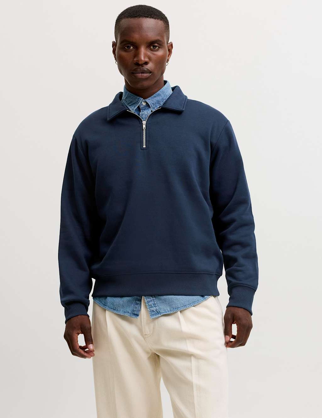 Jack & Jones Men's Cotton Blend Half Zip Long Sleeve Sweatshirt - S - Navy - Available at M&S