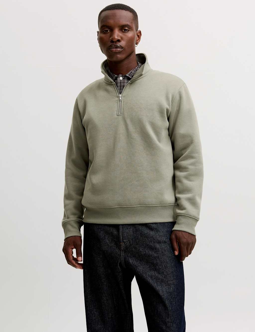 Jack & Jones Men's Cotton Blend Half Zip Long Sleeve Sweatshirt - XL - Green - Available at M&S