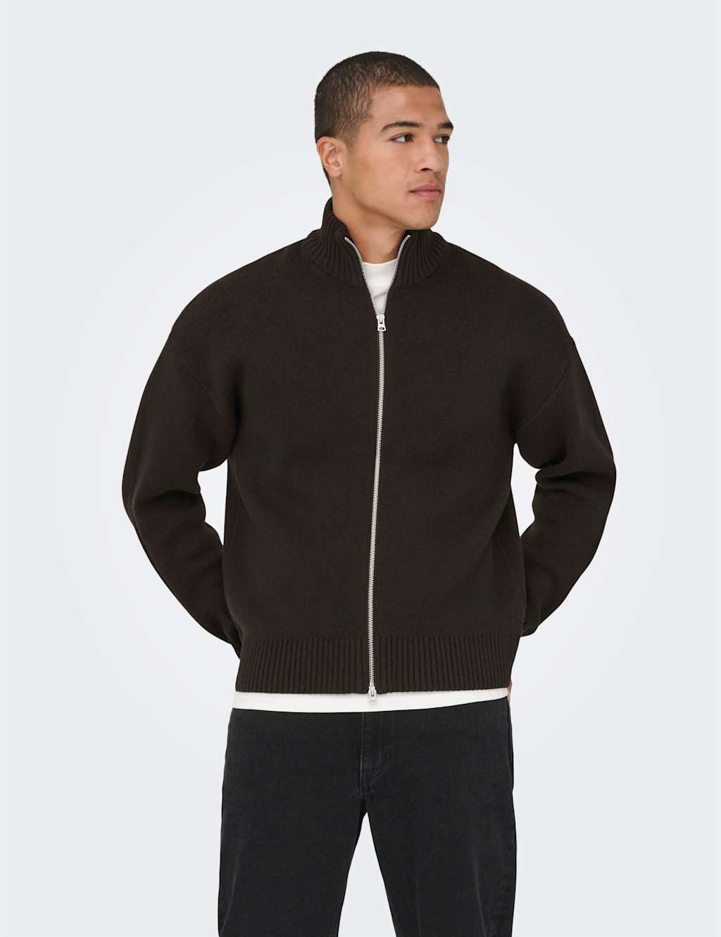 ONLY & SONS Cotton Rich Funnel Neck Zip Up Cardigan Black