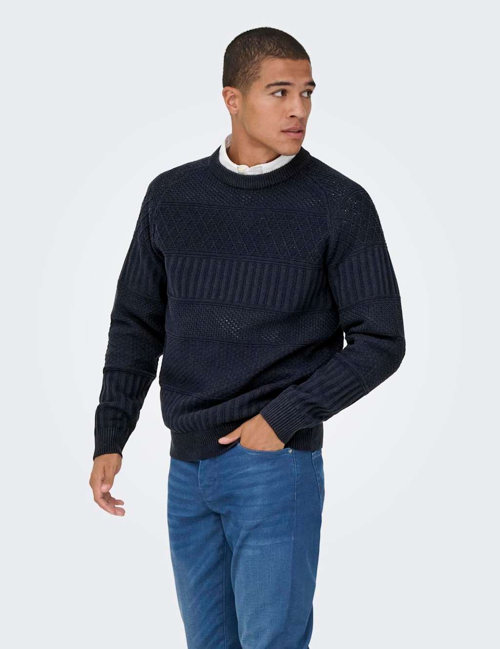 ONLY & SONS Cotton Rich Textured Crew Neck Jumper Navy