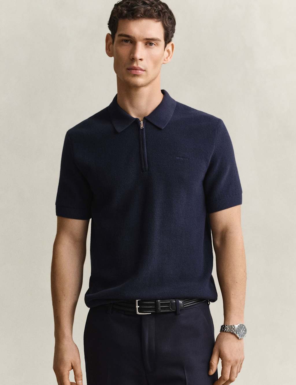 Gant Men's Pure Cotton Ribbed Knitted Polo Shirt - XL - Blue - Available at M&S