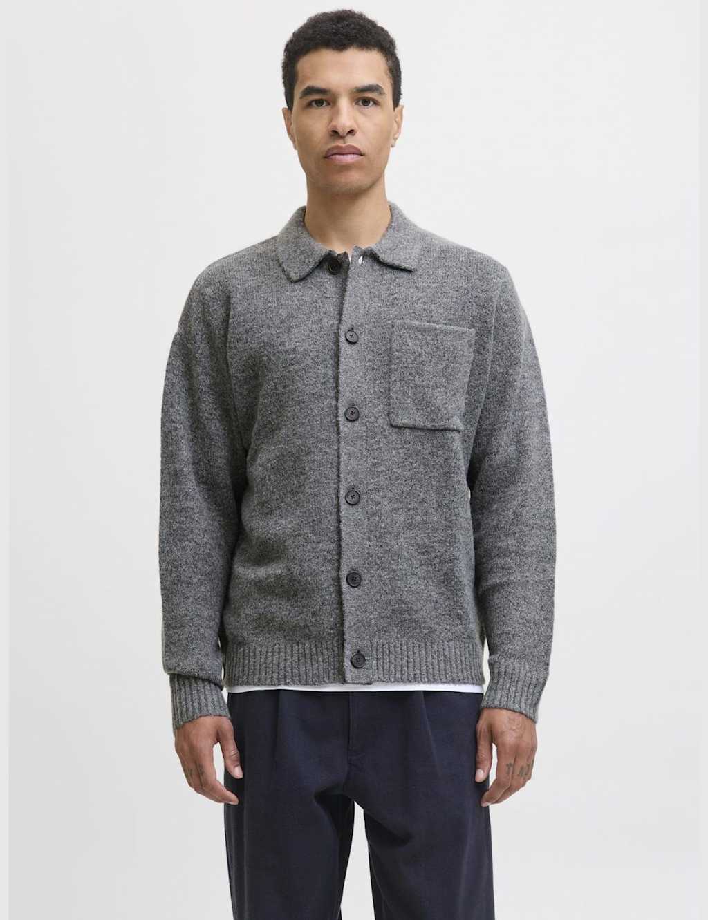 JACK & JONES Collared Neck Cardigan with Wool Grey