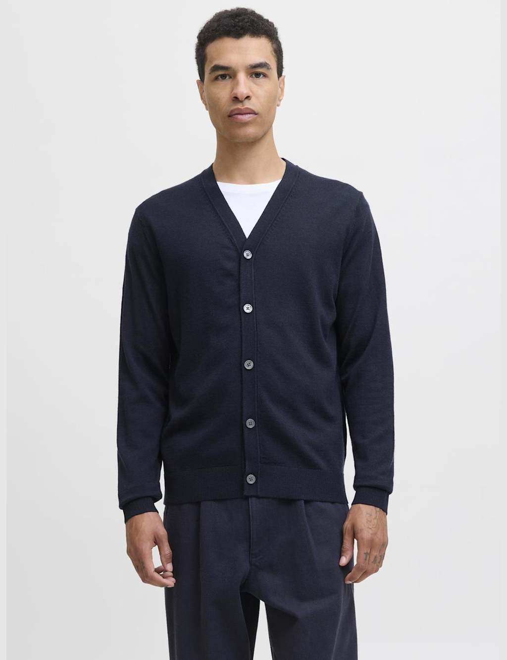 JACK & JONES Pure Wool V-Neck Cardigan Navy