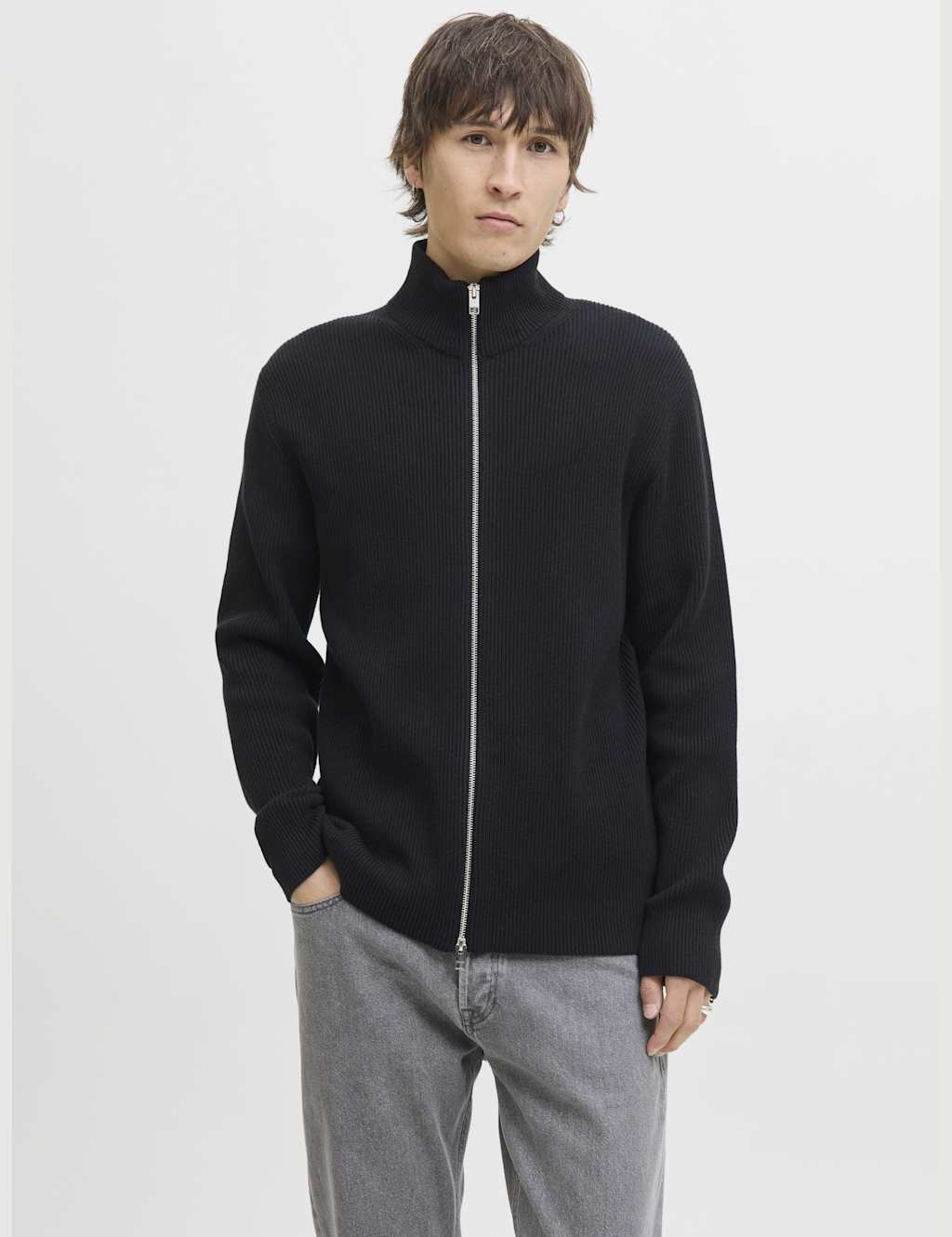 JACK & JONES Cotton Blend Ribbed Zip Up Cardigan Black