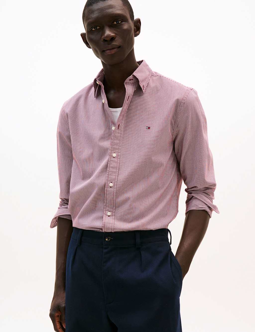 Tommy Hilfiger Flex Regular Fit Pure Cotton Checked Shirt Burgundy