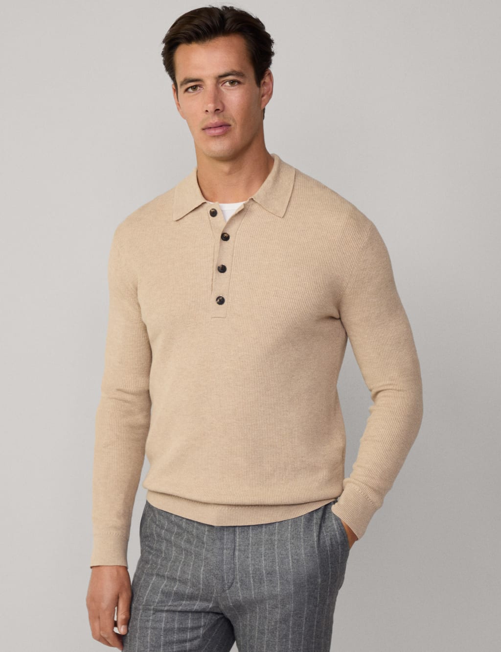Wool Rich Ribbed Knitted Polo Shirt