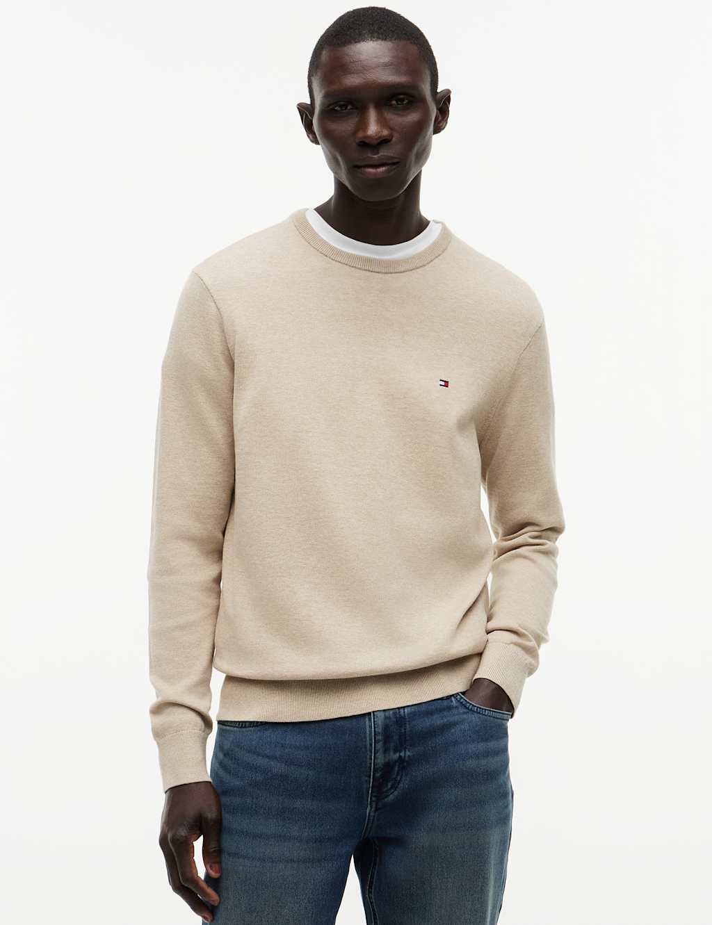 Tommy Hilfiger Men's Essential Pure Cotton Crew Neck Jumper - XL - Beige - Available at M&S
