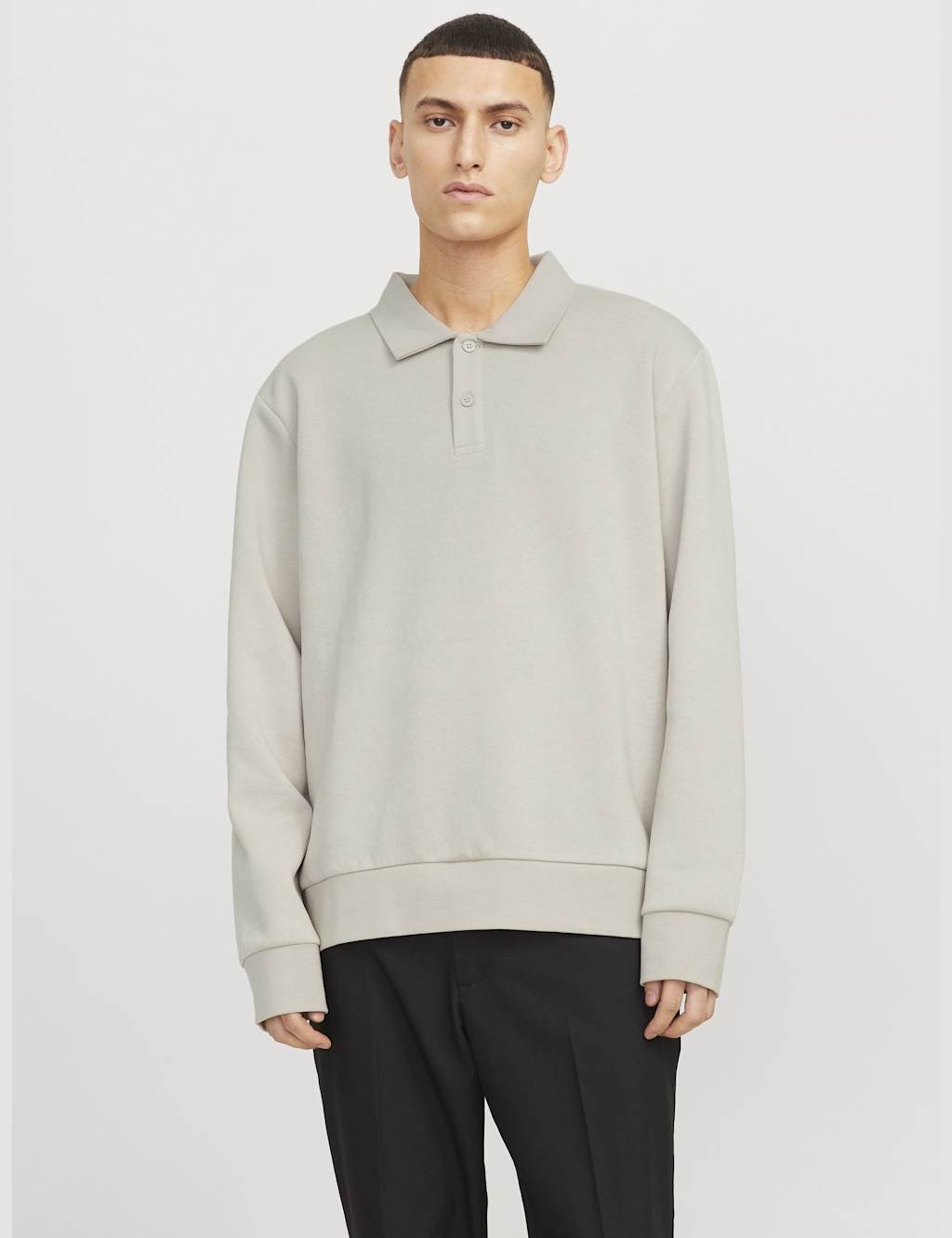 JACK & JONES Cotton Blend Button Down Collar Long Sleeve Polo Shirt Stone