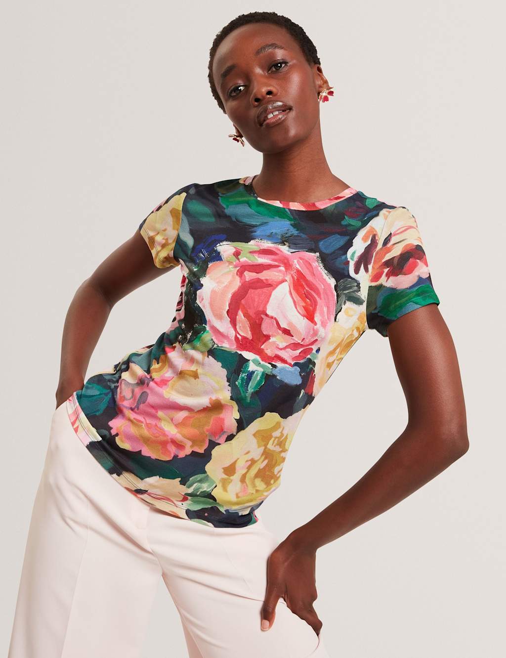 Ted Baker Floral Crew Neck Fitted Top Navy