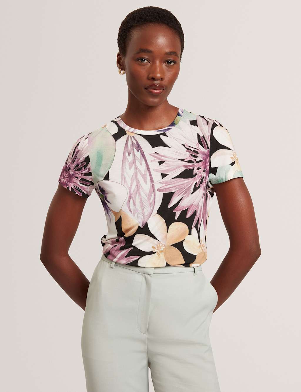 Ted Baker Women's Floral Print Fitted T-Shirt - 14 - Black, Black