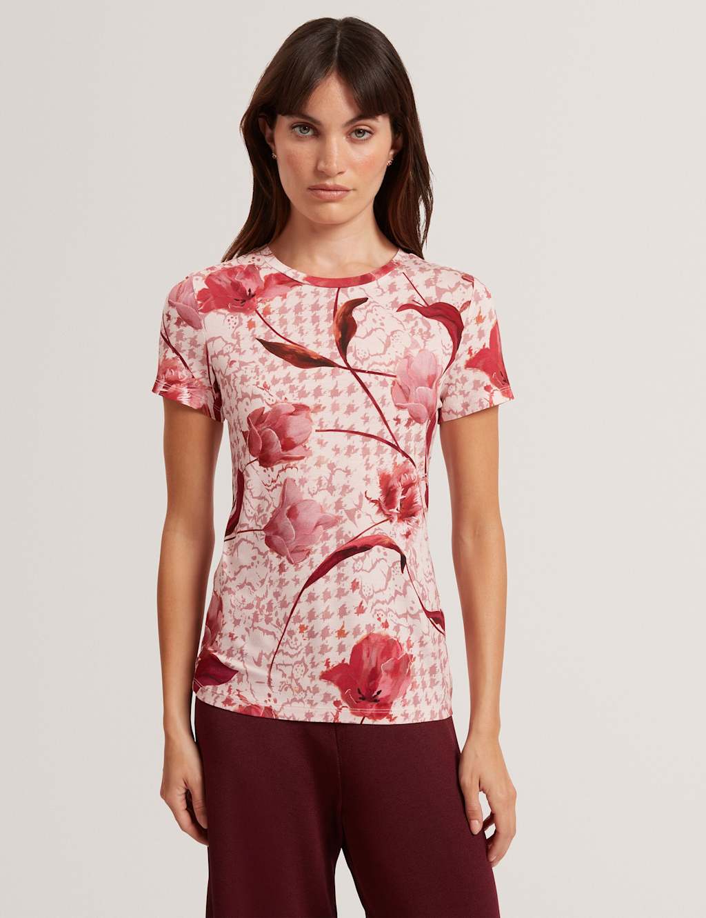 Ted Baker Women's Floral Print Crew Neck Fitted T-Shirt - 14 - Light Pink, Light Pink