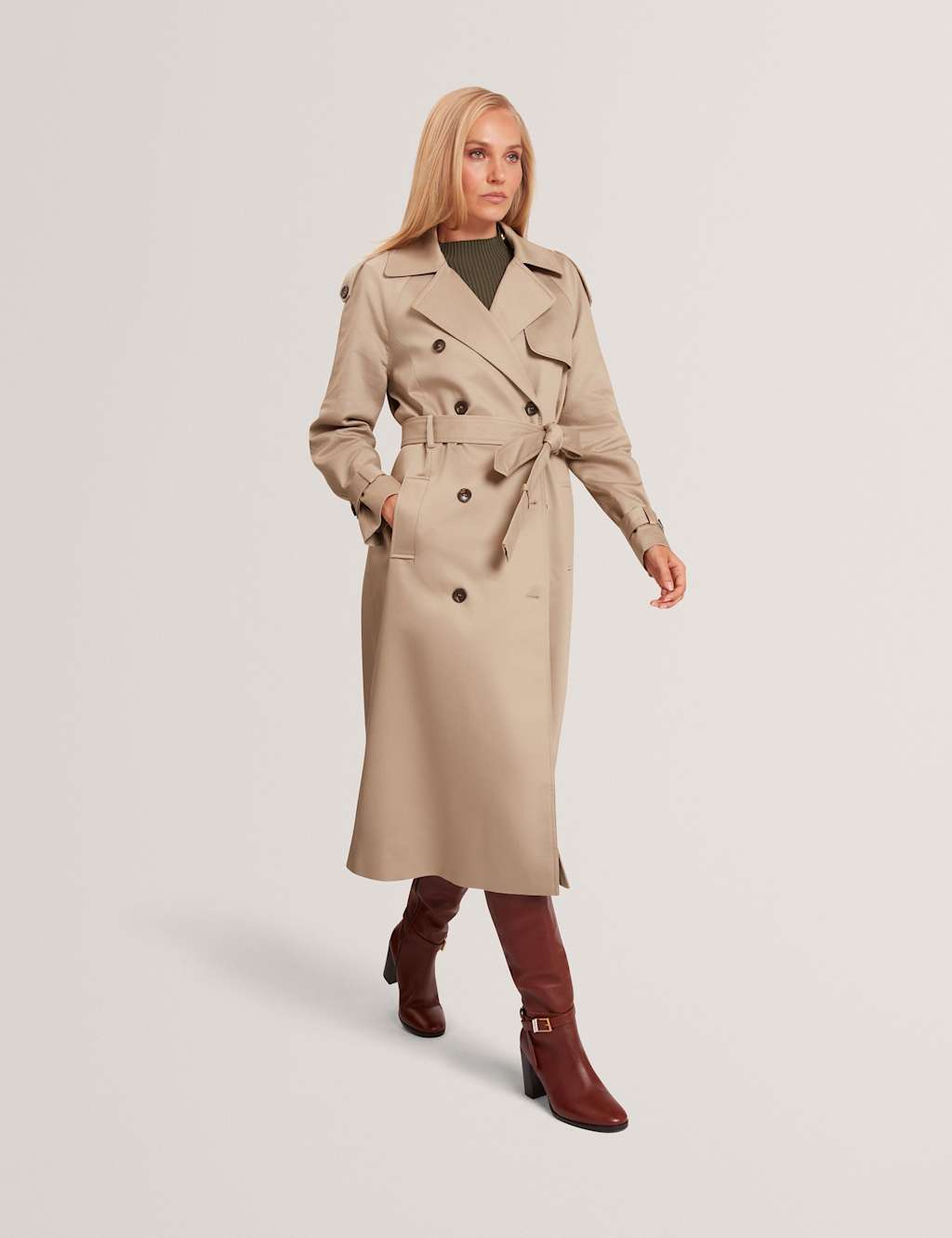 Ted Baker Cotton Rich Belted Trench Coat Khaki