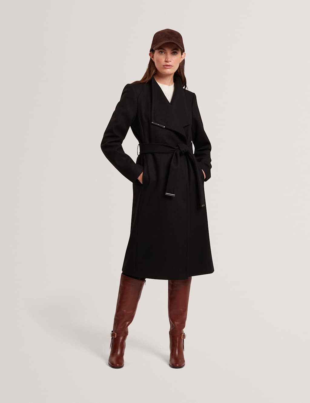 Ted Baker Wool Rich Belted Wrap Coat with Cashmere Black