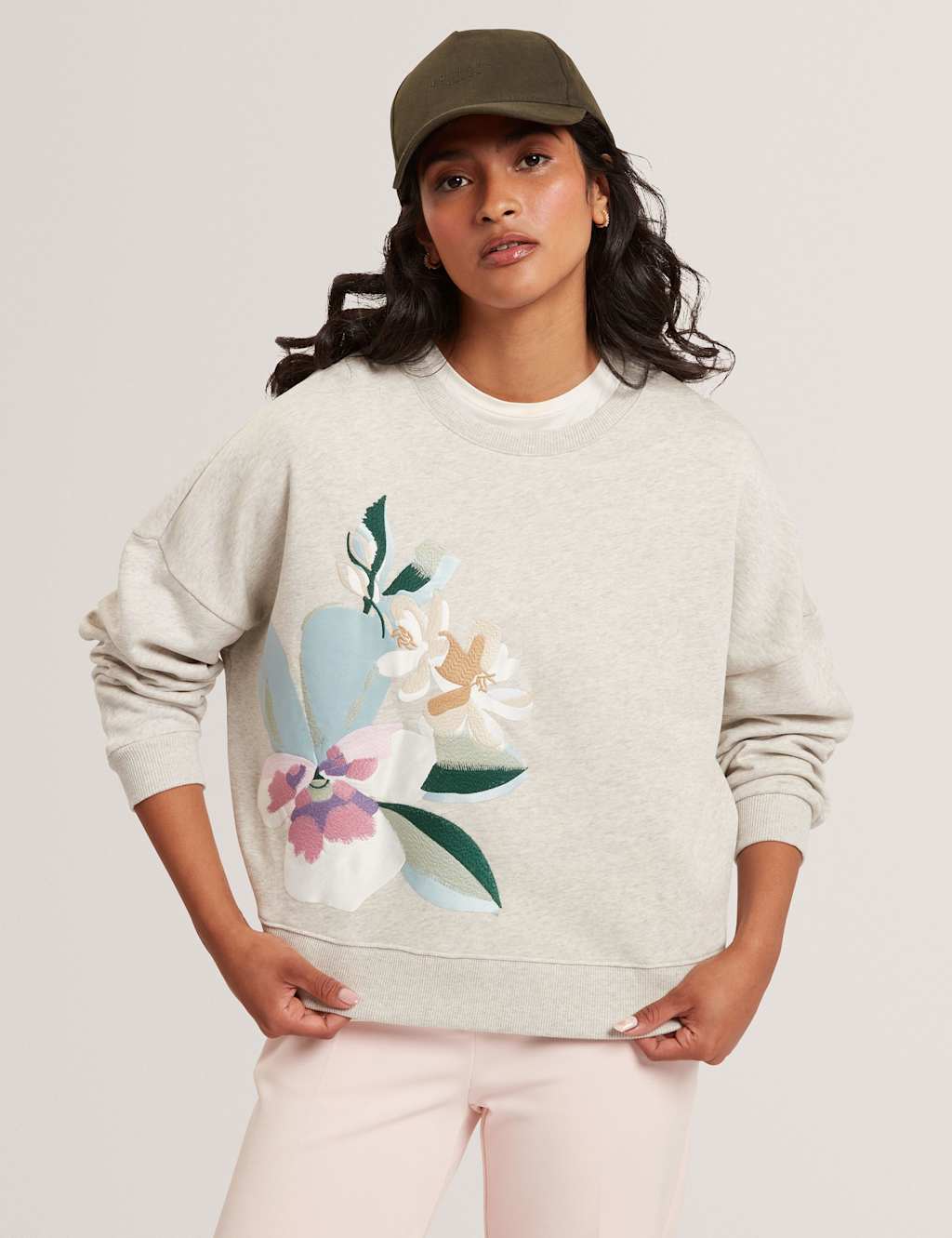 Ted Baker Pure Cotton Printed Embroidered Sweatshirt Grey Marl