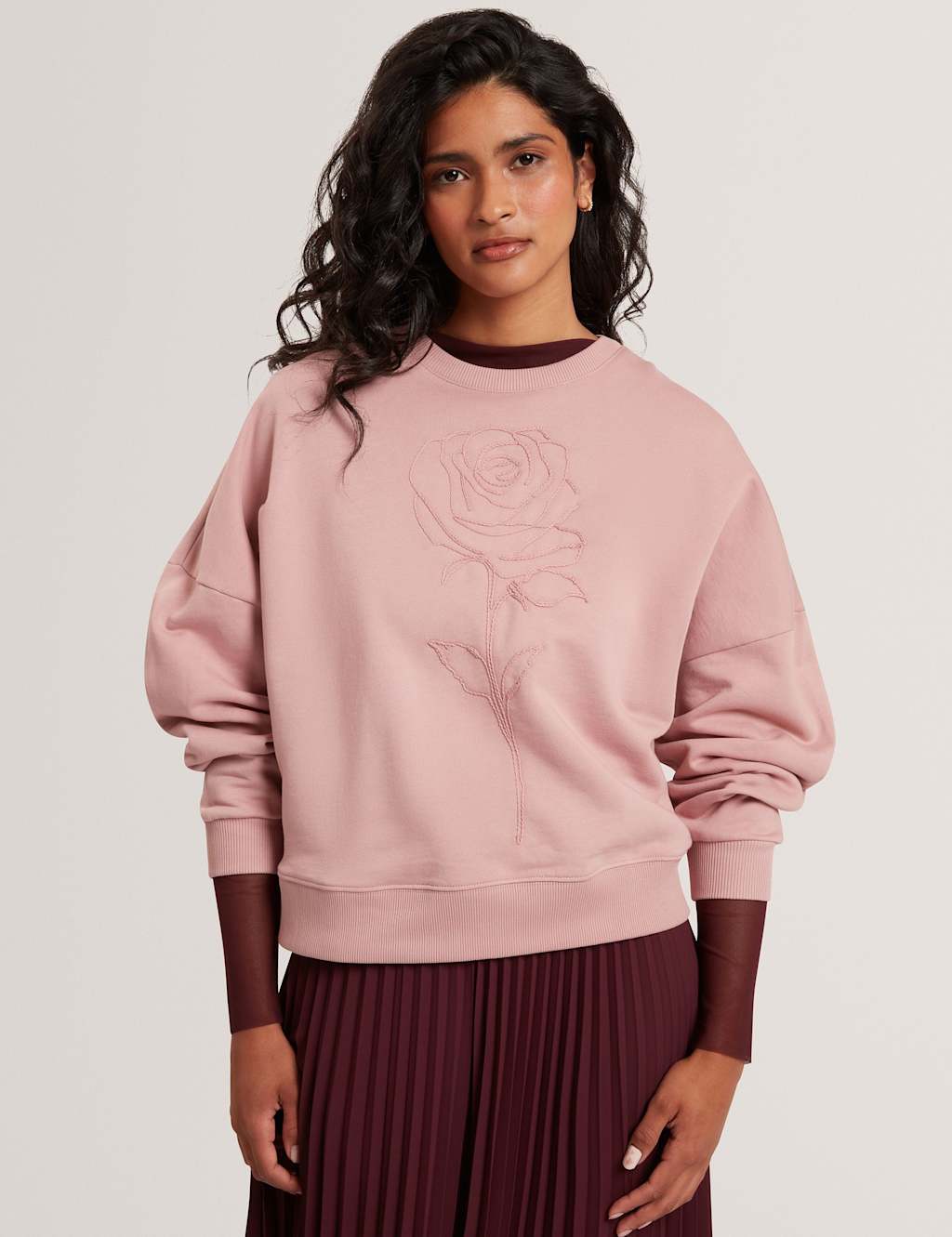 Ted Baker Pure Cotton Floral Embroidered Sweatshirt Dusky Rose