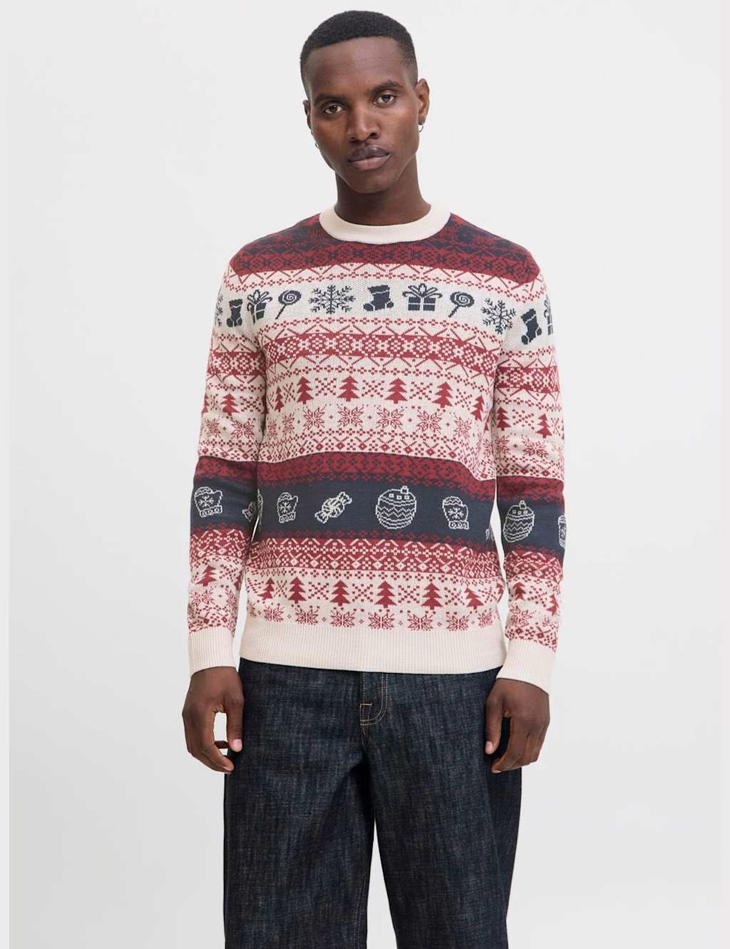 JACK & JONES Christmas Fair Isle Crew Neck Jumper Red Mix