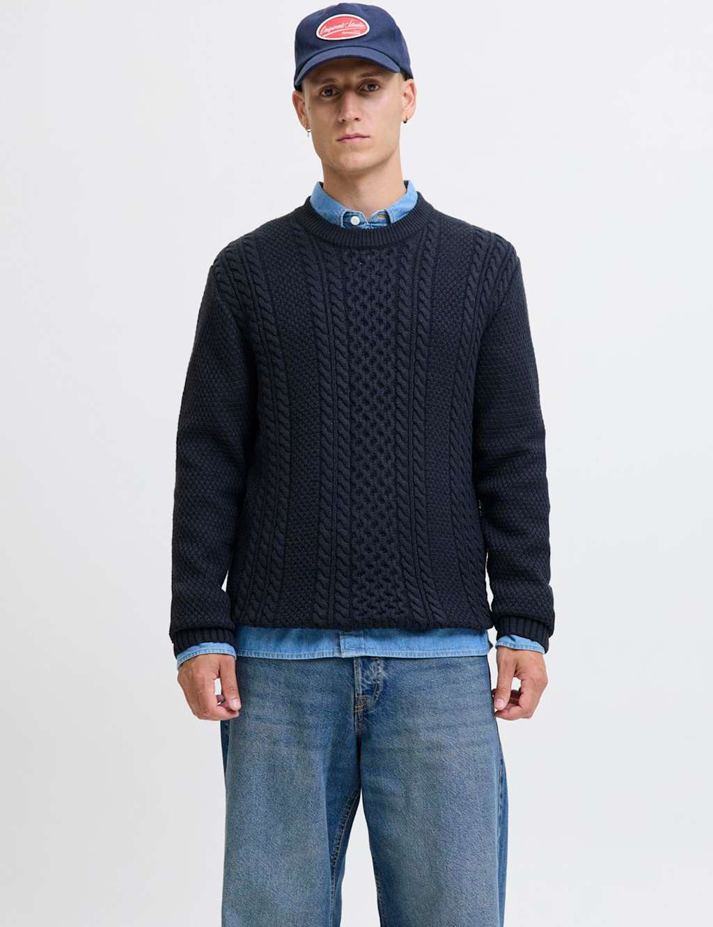 JACK & JONES Cable Knit Crew Neck Jumper Navy