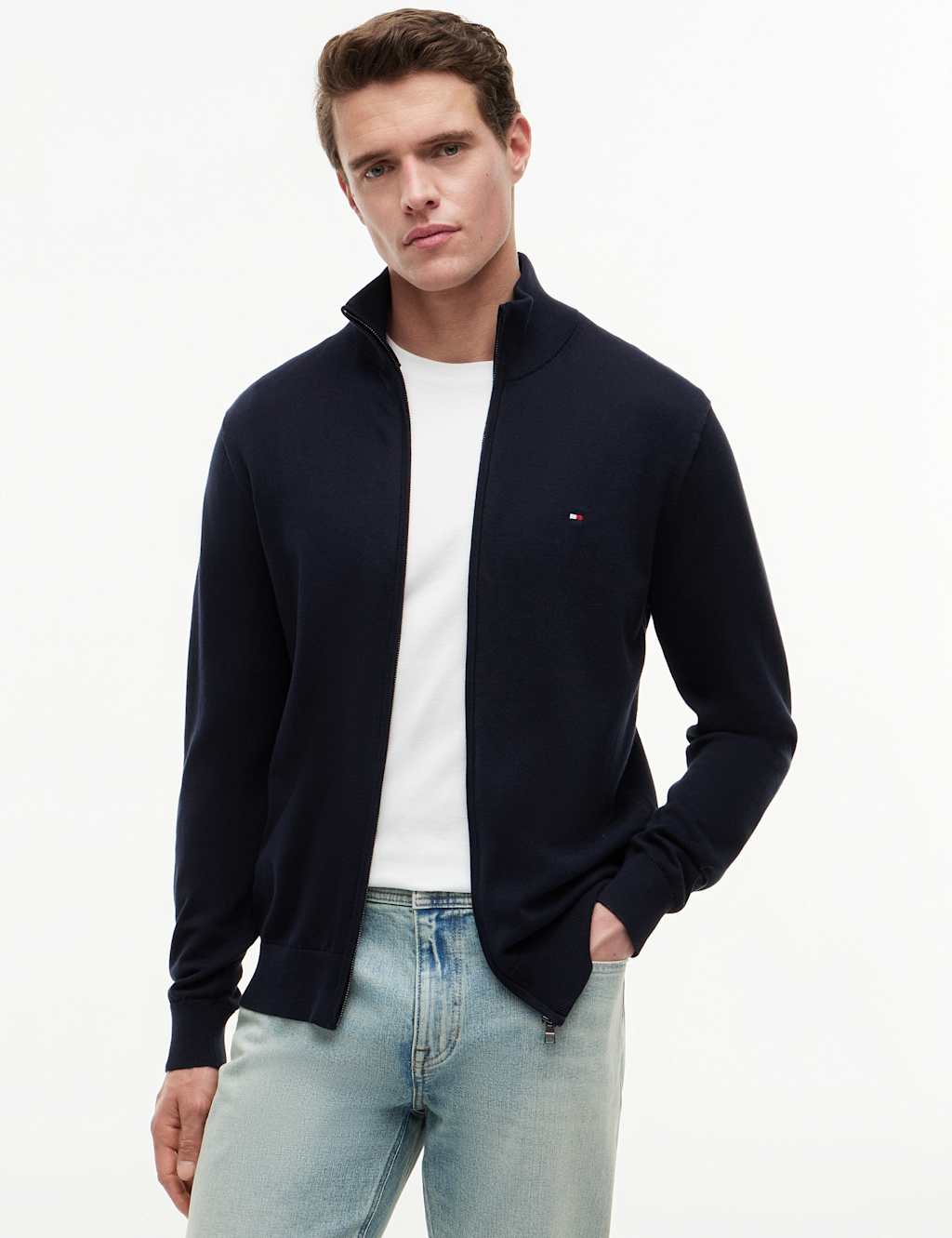 Tommy Hilfiger Men's Pure Cotton Zip Up Funnel Neck Cardigan - M - Navy - Available at M&S