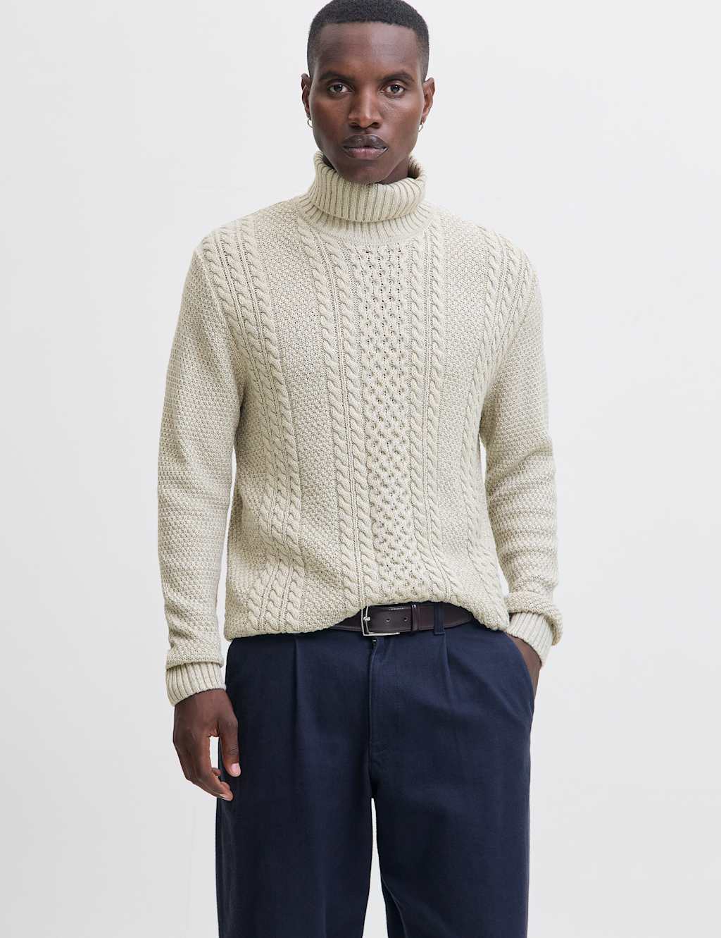 JACK & JONES Cable Knit Roll Neck Jumper Cream
